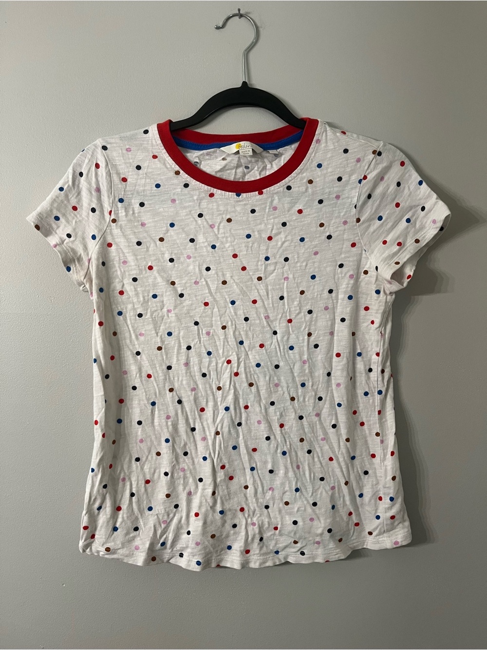Boden White Short Sleeve Polka Dot Tee with Red Trim
